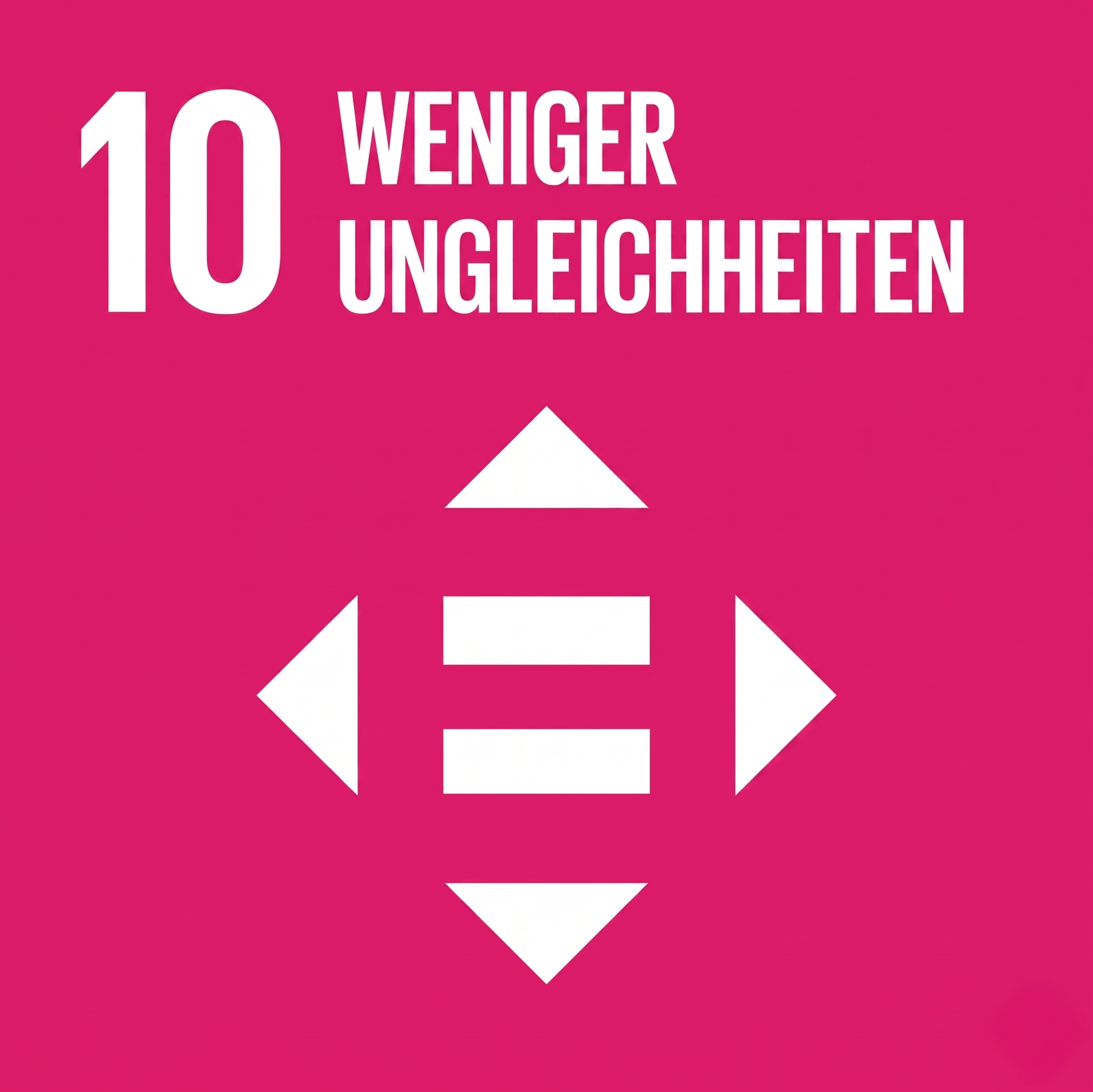 Weiße Zahl 10 und Schrift "WENIGER UNGLEICHHEITEN" auf pinkem Hintergrund mit weißen Pfeilformen